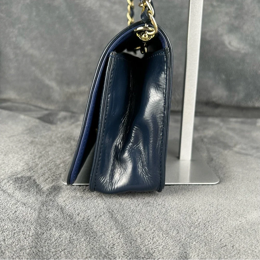 St. John Navy Blue Patent Leather Embossed SJ Monogram Chain Shoulder Bag